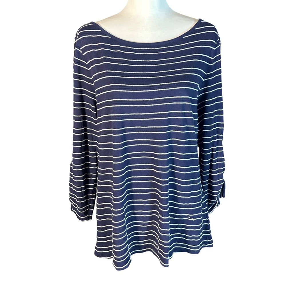 Talbots Striped Top Women's 1X Navy Striped 3/4 Sleeve Tie Cuff Cotton Boat Neck